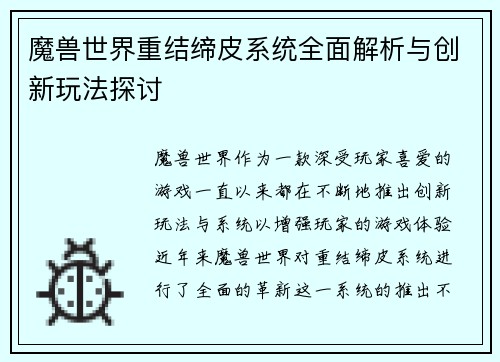 魔兽世界重结缔皮系统全面解析与创新玩法探讨